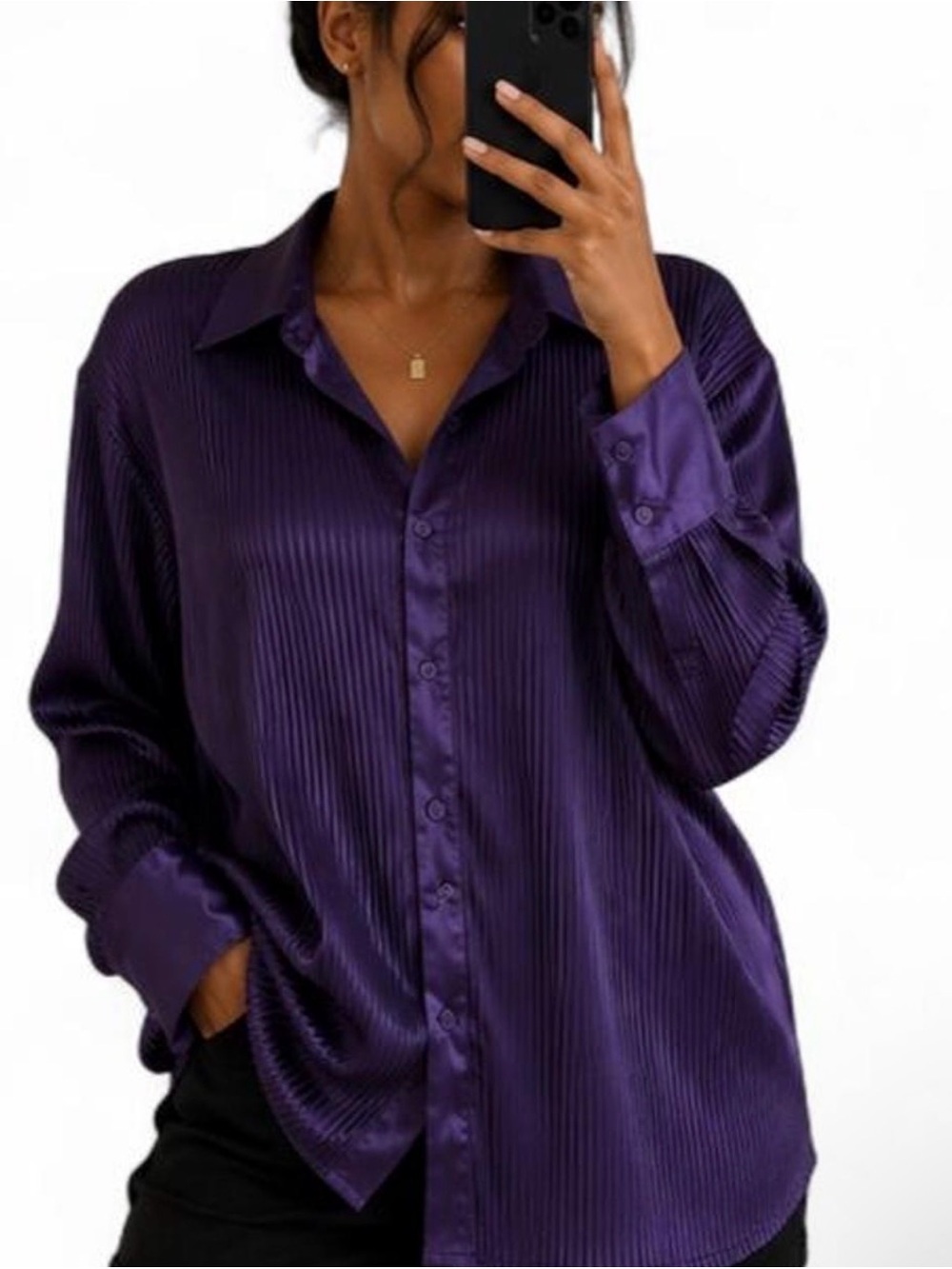 Jolie & Joy Purple Pleated Satin Button Down Blouse 1X